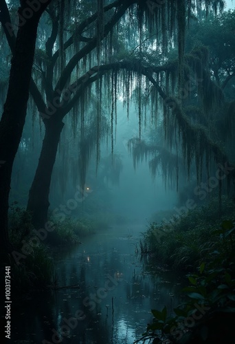 Dark and Foggy Swamp with Spanish Moss: Spooky and Eerie Scene