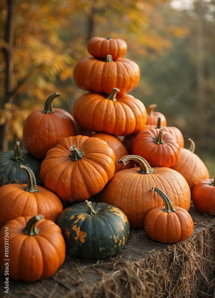 Stack of Pumpkins on Hay Bale: Autumn Harvest Display Stack of Pumpkins on Hay Bale: Autumn Harvest Display