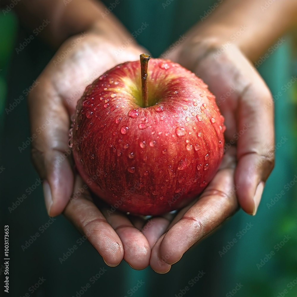 Woman's hand holding a fresh red apple with water drops Woman's hand holding a fresh red apple with water drops