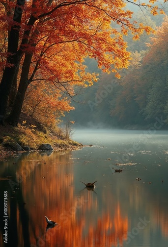 Autumn Lake with Colorful Tree Reflection: Serene Landscape