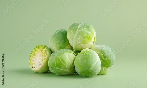 Fresh green Brussels sprouts arranged neatly on a pastel green background