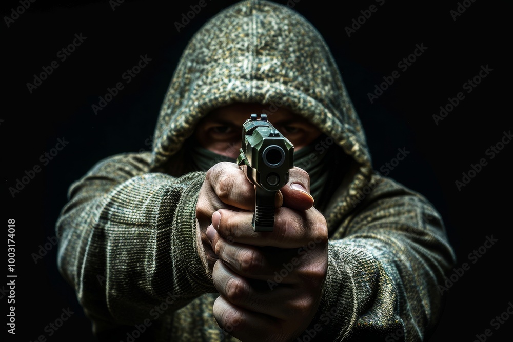 A mysterious person wearing a hooded sweatshirt aims a handgun directly forward in a dark setting. The figures face is obscured, enhancing the sense of anonymity and tension. A mysterious person wearing a hooded sweatshirt aims a handgun directly forward in a dark setting. The figures face is obscured, enhancing the sense of anonymity and tension.