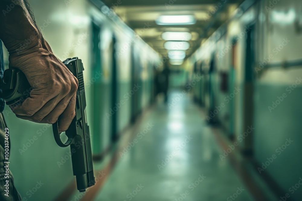 A person holding a handgun walks through a brightly lit hallway, creating an atmosphere of tension and uncertainty. The figures hand grips the weapon, while the surroundings suggest