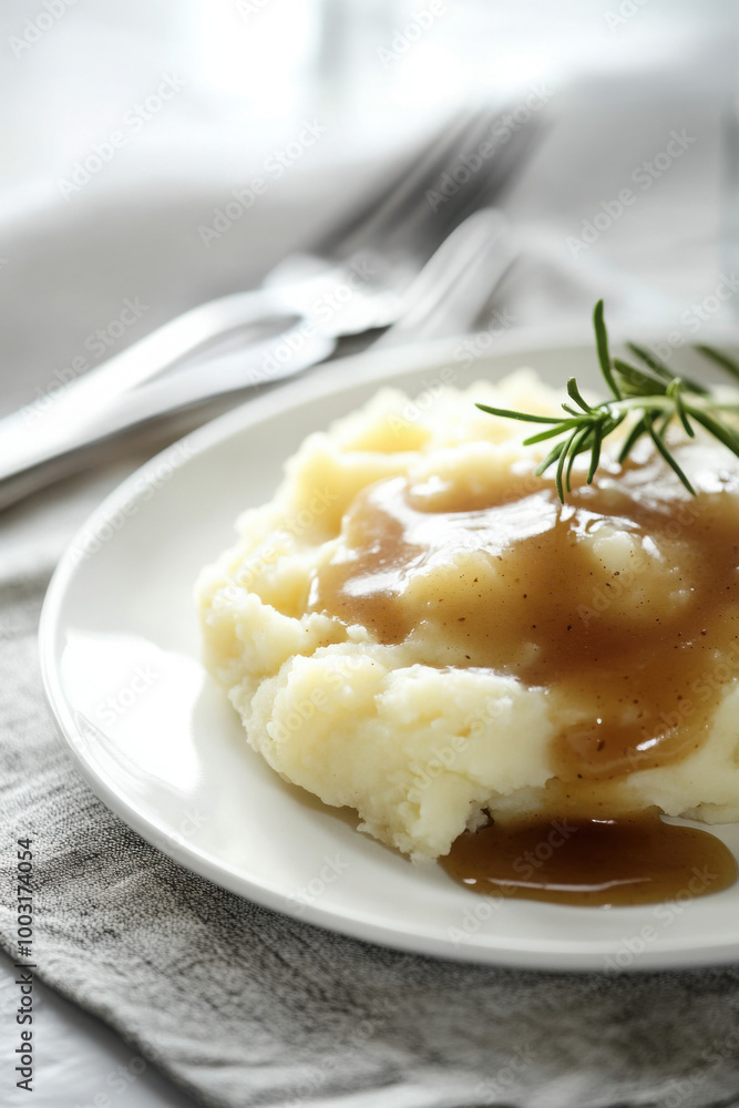 Plate of creamy mashed potatoes with rich brown gravy garnished with a sprig of rosemary. Plate of creamy mashed potatoes with rich brown gravy garnished with a sprig of rosemary.