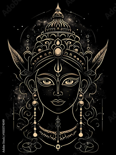 Portrait of mother goddess durga, black and white depiction of hindu deity, Indian festival celebration template, illustration wallpaper 