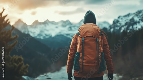 A traveler stands on a trail, gazing at the majestic mountains bathed in the warm glow of sunset while carrying a large backpack on an adventure through nature