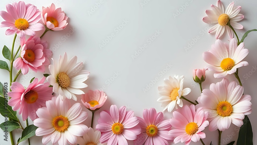 A semi-circle arrangement of pink and white daisies with yellow centers laid out on a light background A semi-circle arrangement of pink and white daisies with yellow centers laid out on a light background