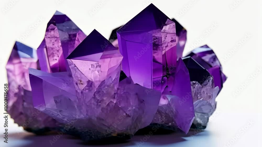 A cluster of amethyst crystals rests on a white surface, showcasing their vibrant purple hue A cluster of amethyst crystals rests on a white surface, showcasing their vibrant purple hue