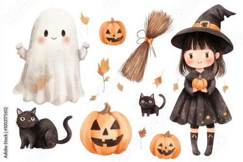 Halloween characters and objects illustrated in watercolor photo