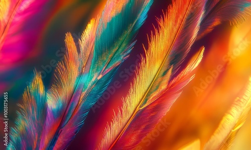 A detailed microscopic photograph reveals the feather-like structures of salicylic acid crystals, bursting with a spectrum of vivid colors photo