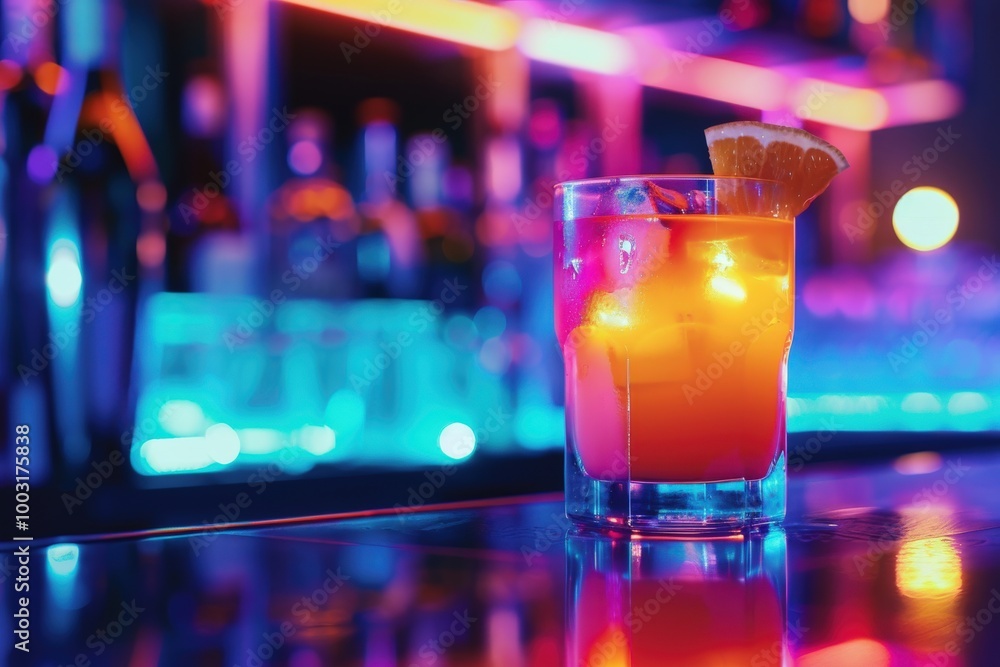 A colorful drink with a straw and a slice of lemon in it sits on a bar counter, generative ai image A colorful drink with a straw and a slice of lemon in it sits on a bar counter, generative ai image