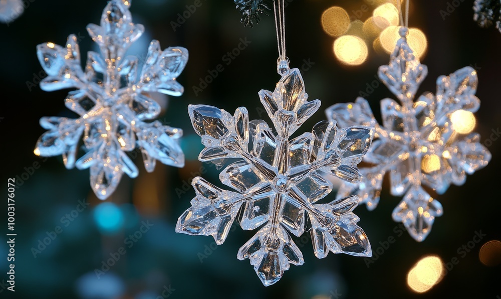 Delicate crystal snowflakes intricate and frosty ornaments for a magical holiday display Delicate crystal snowflakes intricate and frosty ornaments for a magical holiday display