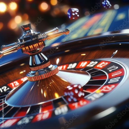 Roulette wheel and dice on a casino table. 3d rendering photo