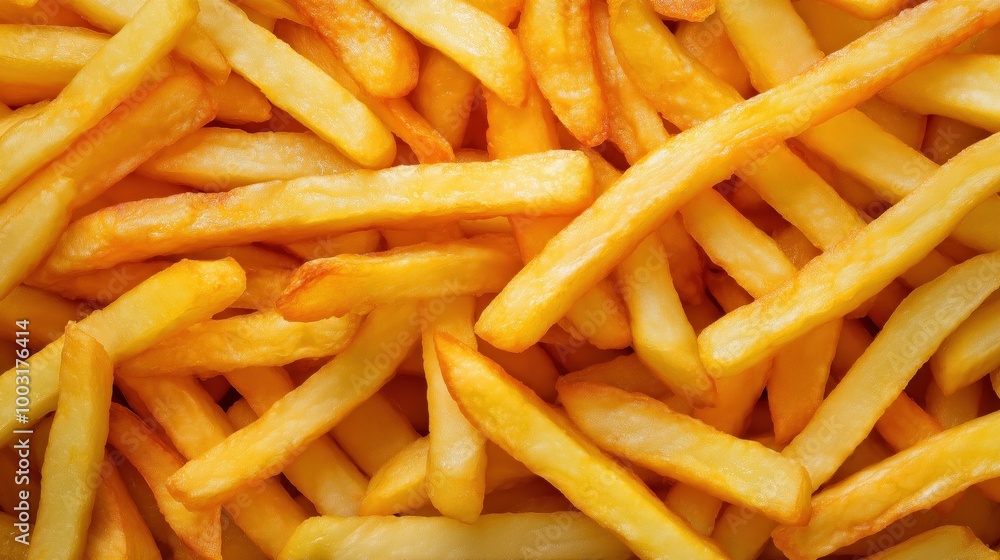 A close-up of golden, crispy French fries stacked together, highlighting their perfect texture and color, making for a delicious and satisfying snack A close-up of golden, crispy French fries stacked together, highlighting their perfect texture and color, making for a delicious and satisfying snack