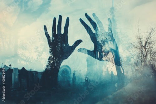 A ghostly image of two hands is reflected in a window. Scene is eerie and haunting