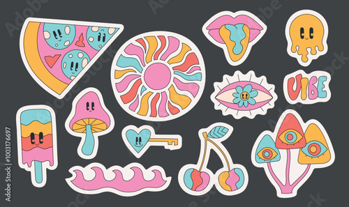 Cartoon retro groovy hippie stickers pack. Bright psychedelic funky mushroom, sun, pizza vector illustrations