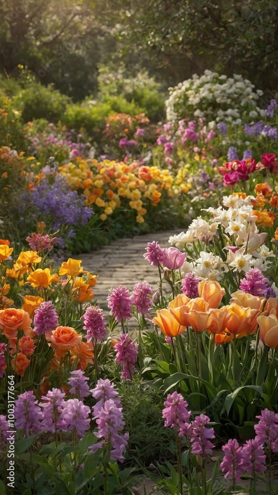 Vibrant and colorful garden with wooden path winding through variety of blooming flowers, including tulips, daffodils, and other spring flowers in shades of yellow, orange, pink, purple, and white. Vibrant and colorful garden with wooden path winding through variety of blooming flowers, including tulips, daffodils, and other spring flowers in shades of yellow, orange, pink, purple, and white.