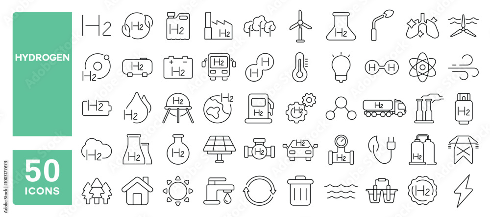 Set of 50 line icons related to hydrogen, green hydrogen, energy, ecology, biology, renewable, Editable stroke. Vector illustration Set of 50 line icons related to hydrogen, green hydrogen, energy, ecology, biology, renewable, Editable stroke. Vector illustration