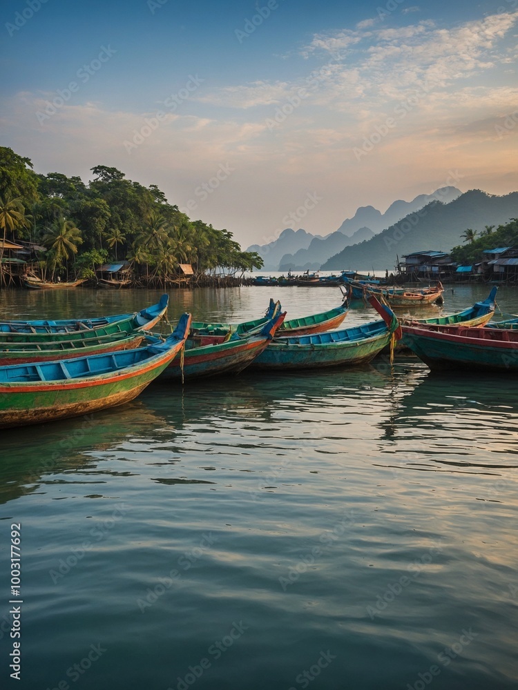Scenic view of lake surrounded by lush green mountains and forests, with several colorful traditional boats docked in foreground Scenic view of lake surrounded by lush green mountains and forests, with several colorful traditional boats docked in foreground
