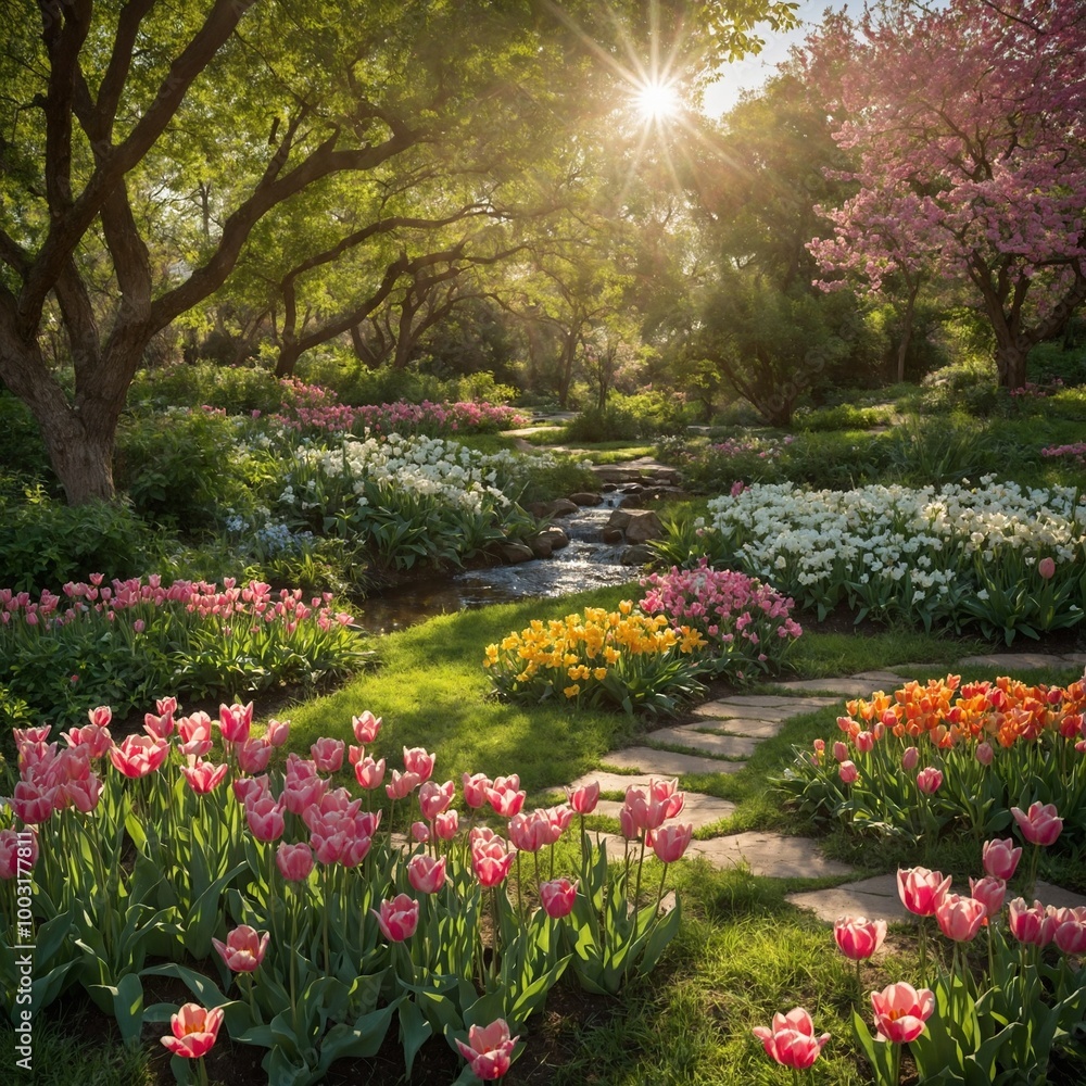 Lush, colorful garden with winding path surrounded by blooming flowers, trees, and shrubs. Sun shining through branches, creating warm, inviting atmosphere. Garden well-maintained, with variety of Lush, colorful garden with winding path surrounded by blooming flowers, trees, and shrubs. Sun shining through branches, creating warm, inviting atmosphere. Garden well-maintained, with variety of