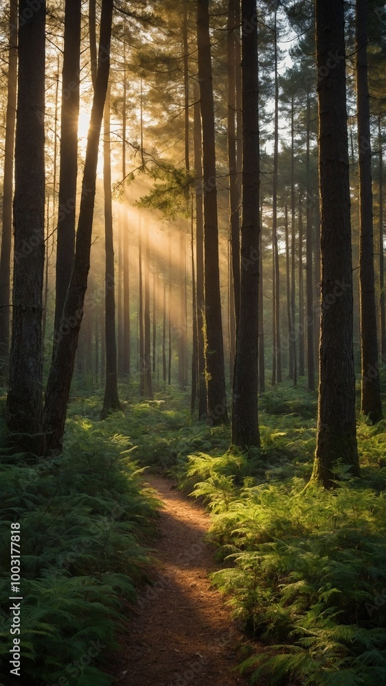 Lush, green forest with tall trees and winding dirt path. Sunlight streaming through trees, creating warm, ethereal atmosphere. Background filled with dense foliage and ground covered in moss and Lush, green forest with tall trees and winding dirt path. Sunlight streaming through trees, creating warm, ethereal atmosphere. Background filled with dense foliage and ground covered in moss and