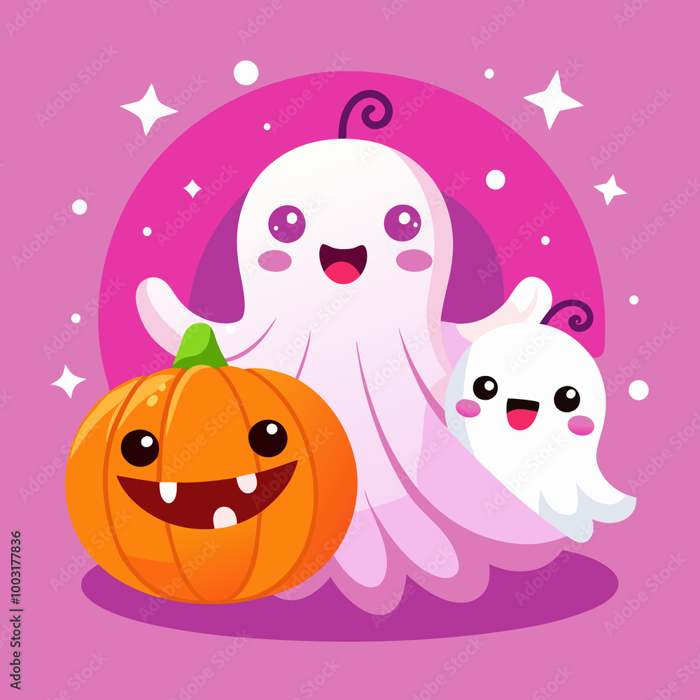cartoon ghosts and a smiling pumpkin gather cheerfully cartoon ghosts and a smiling pumpkin gather cheerfully