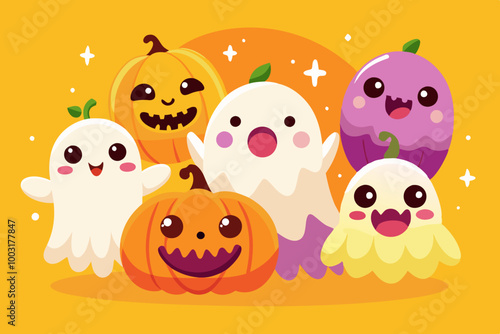 cartoon ghosts and a smiling pumpkin gather cheerfully