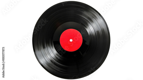 Vinyl vynil record play music vintage. Vinyl record with red label on transparent photo