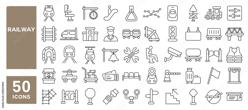 Set of 50 line icons related to railway, train, subway, rail, track, tram, tunnel, underground, cargo, Editable stroke. Vector illustration Set of 50 line icons related to railway, train, subway, rail, track, tram, tunnel, underground, cargo, Editable stroke. Vector illustration