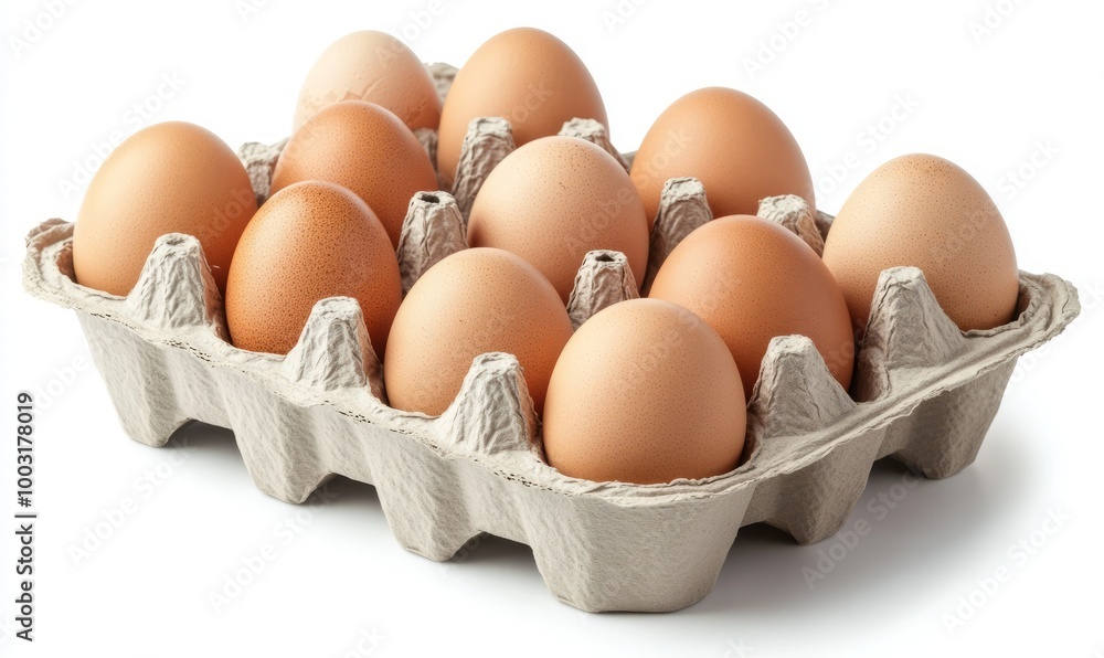 Fresh brown eggs in a cardboard carton on white background Fresh brown eggs in a cardboard carton on white background