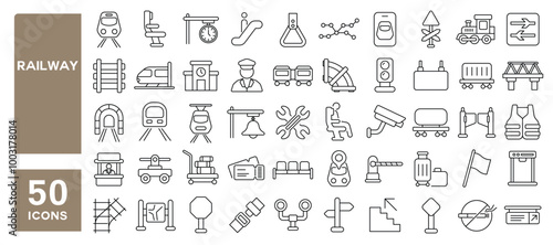 Set of 50 line icons related to railway, train, subway, rail, track, tram, tunnel, underground, cargo, Editable stroke. Vector illustration