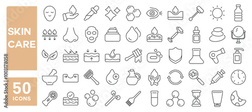 Set of 50 line icons related to skin care, mask, dermatology, hydrating, protection, face, hygiene, Editable stroke. Vector illustration