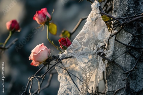 A white lace is hanging from a tree with red roses. The lace is torn and the roses are wilted. Concept of sadness and loss photo