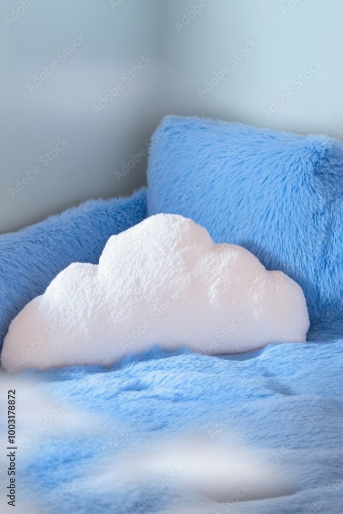 A fluffy white cloud is resting on a blue bedspread. The bedspread is covered in a fluffy blue blanket A fluffy white cloud is resting on a blue bedspread. The bedspread is covered in a fluffy blue blanket