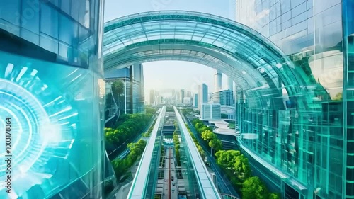 Slow motion montage of a modern elevated train approaching a station showing a digital hologram on a futuristic glass building
