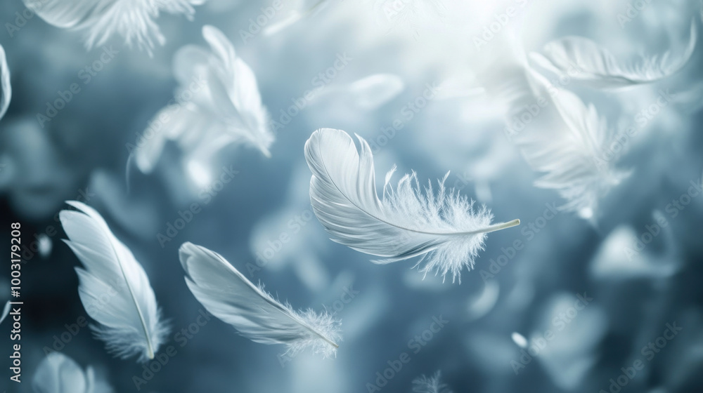 Soft white feathers gracefully floating in a misty atmosphere, creating a dreamlike ambiance Soft white feathers gracefully floating in a misty atmosphere, creating a dreamlike ambiance