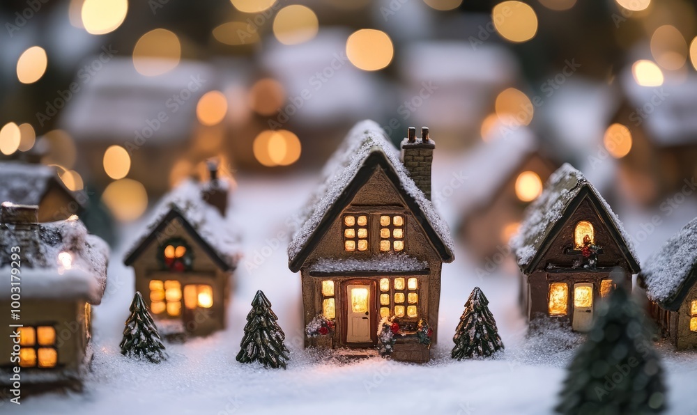 Charming Holiday Village with Lit Windows and Snow-Covered Roofs, Capturing Christmas Spirit Charming Holiday Village with Lit Windows and Snow-Covered Roofs, Capturing Christmas Spirit