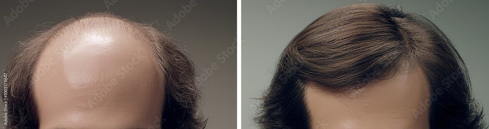Fototapeta premium A striking transformation showcasing hair restoration with a focus on thinning hair versus a fuller appearance