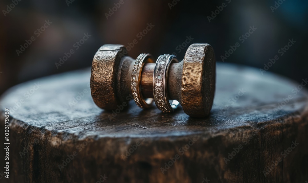 Close-up: judge's hammer and wedding rings. Close-up: judge's hammer and wedding rings.