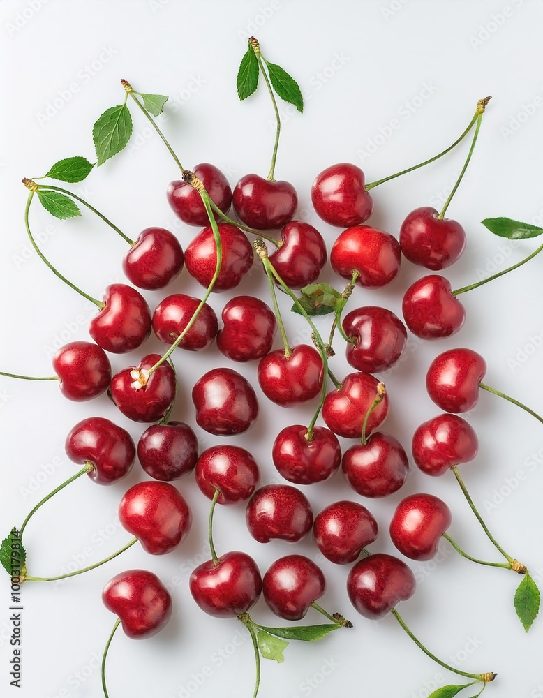 A bunch of red cherries with green stems, neatly arranged in the middle of a white background A bunch of red cherries with green stems, neatly arranged in the middle of a white background