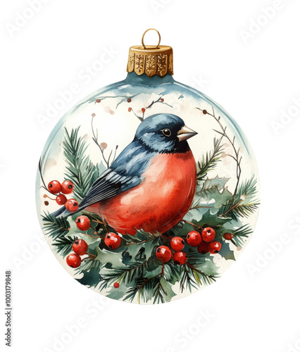 Ornate glass ornament featuring a bird perched on holly and berries during th...