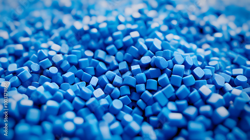Closeup of blue plastic polypropylene granules, masterbatch polymer grain with shallow dof. HDPE or PVC resin pellets. 3d render illustration