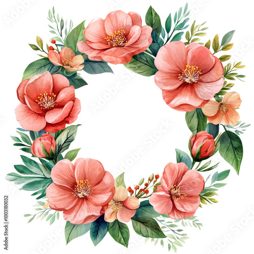 Floral wreath design with pastel roses and greenery in a circular composition