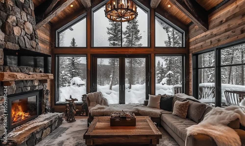 Cozy snowy rustic cabin and attractive design for a relaxing winter home Cozy snowy rustic cabin and attractive design for a relaxing winter home
