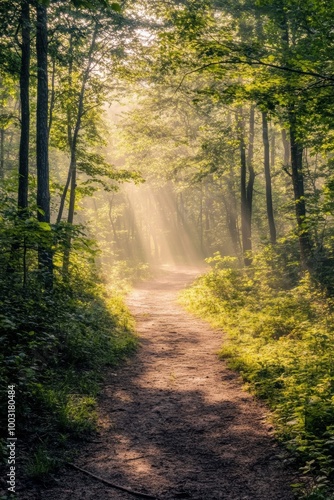 A path through a forest with sunlight shining through the trees. The path is surrounded by trees and the sunlight creates a warm and peaceful atmosphere