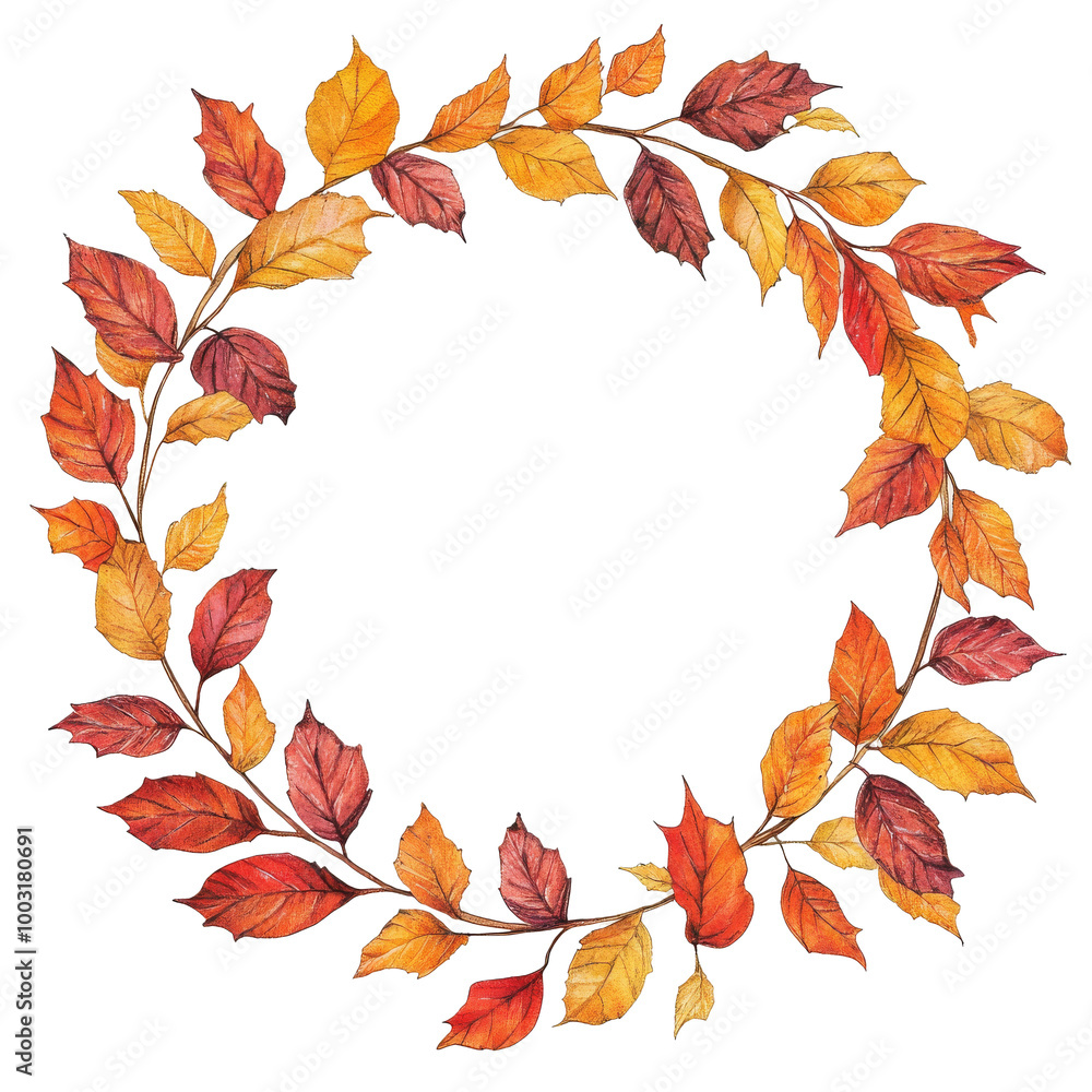 Fototapeta premium Colorful autumn leaf wreath with varying shades of red, orange, and yellow leaves for decoration