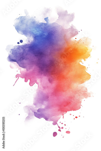 Vibrant watercolor splash blending orange, pink, purple, and blue hues on a w...
