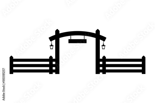 Fence and gate icon. Fencing. Black silhouette. Front view. Vector simple flat graphic illustration. Isolated object on white background. Isolate.