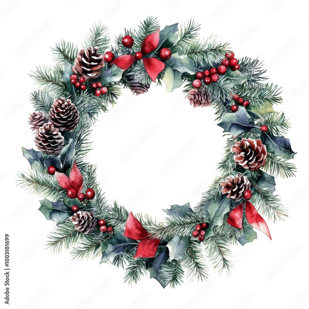 Festive holiday wreath adorned with pine cones, red ribbons, and berries on a white background Festive holiday wreath adorned with pine cones, red ribbons, and berries on a white background