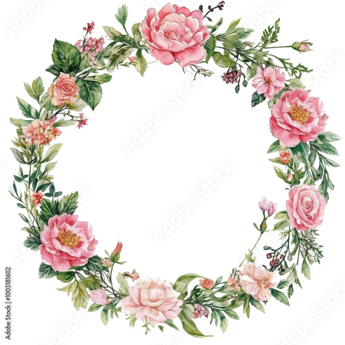 Delicate pink floral wreath with various blooms and greenery on a light background